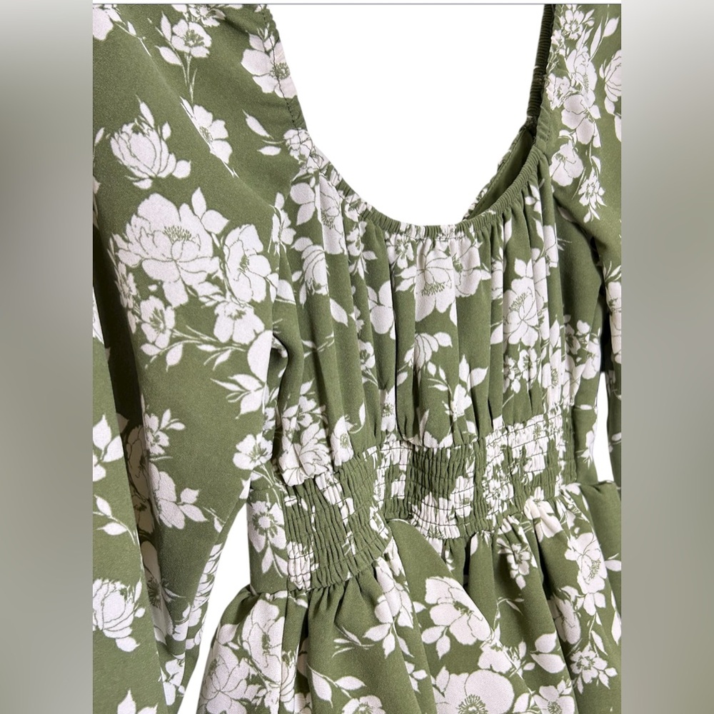 Inspired Hearts Boho Floral Tiered Mini Dress Olive Green Size Small - Picture 5 of 9